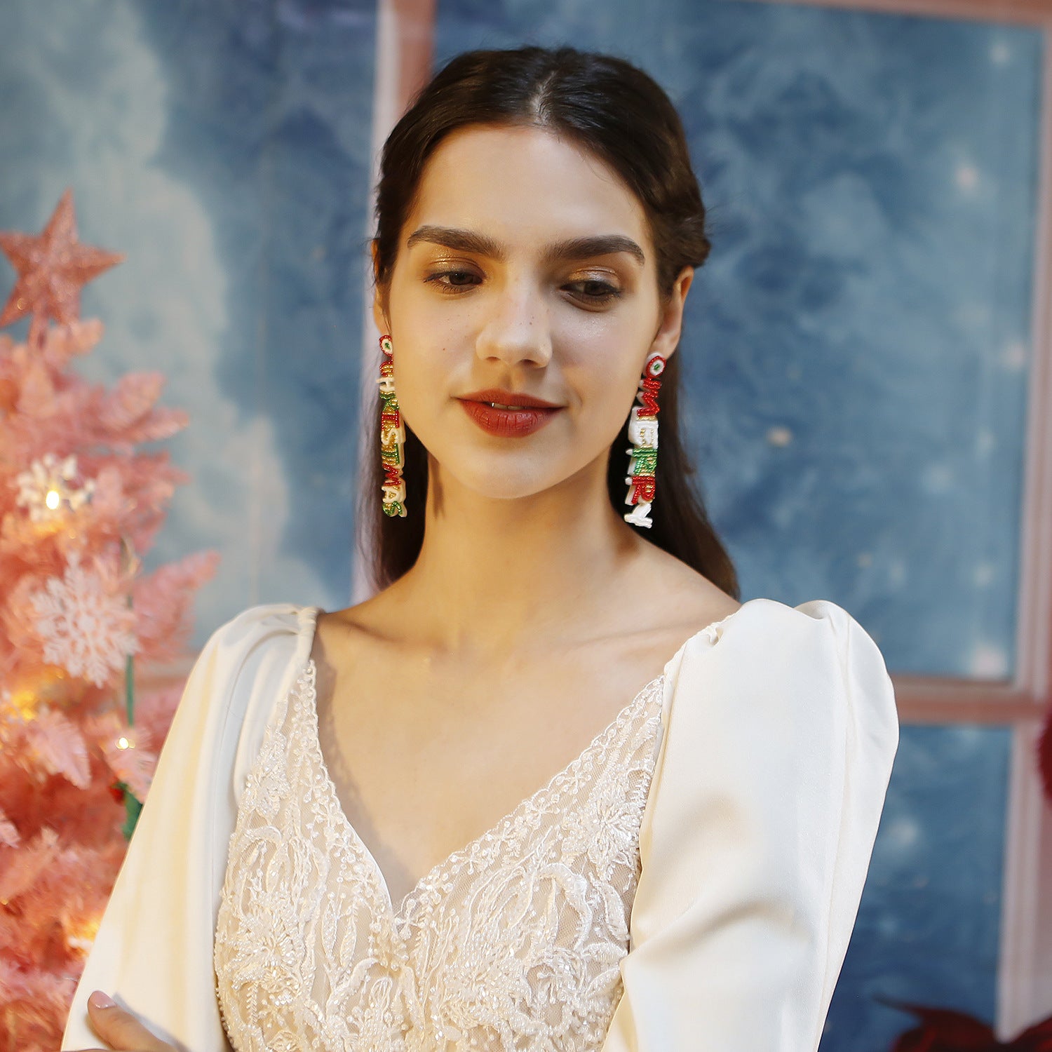 Wholesale Autumn and Winter Long Letter Earrings Christmas Handmade Rice Bead Earrings